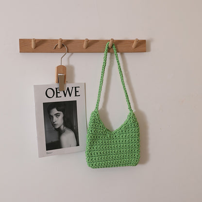 Single Shoulder Cotton Thread Woven Bag Solid Color Single Shoulder Women Bag Casual Underarm Bag Vacation Beach Bag One Size Color V-Shaped Light Green