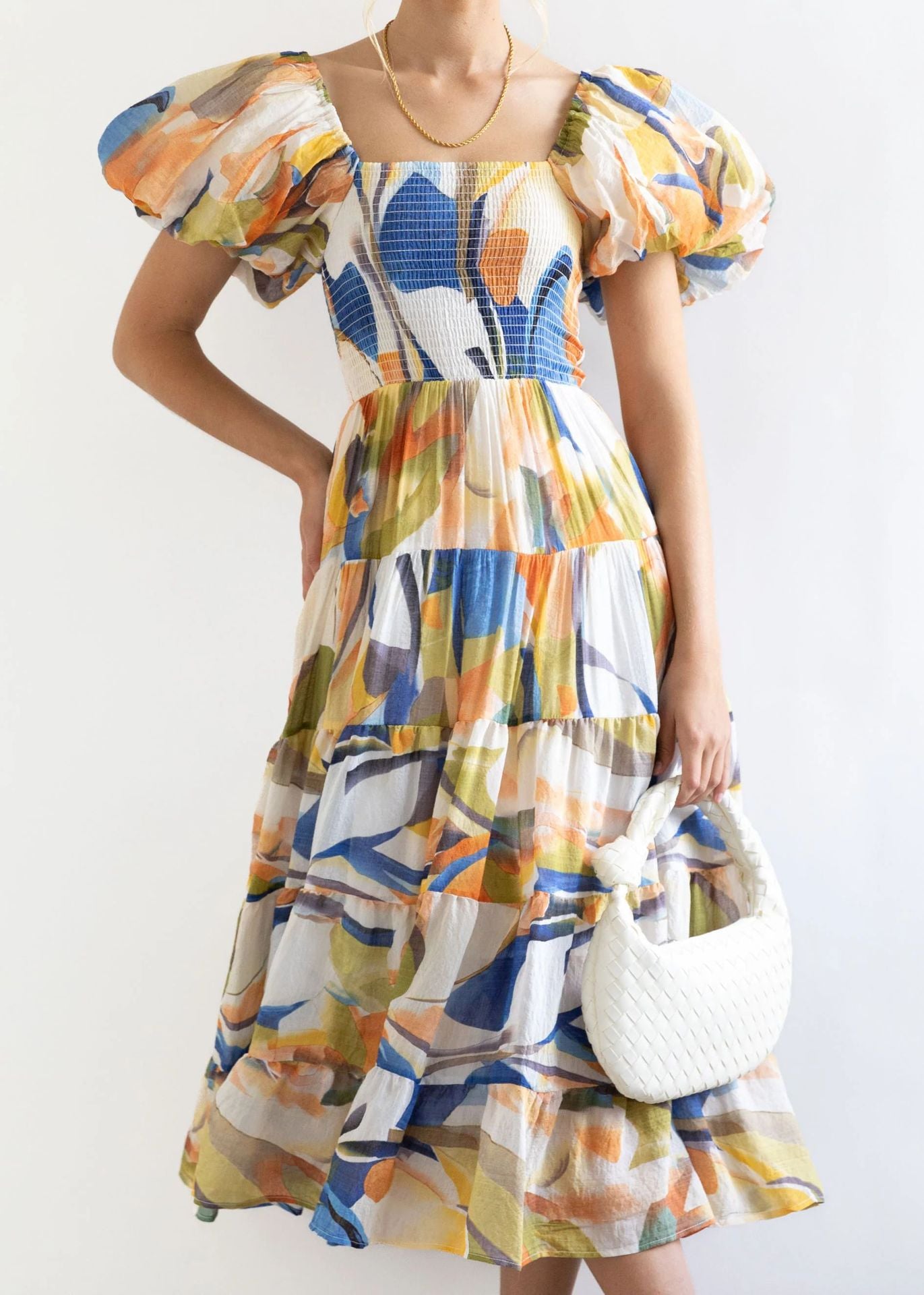 Holiday Sexy Slim Fit Backless Large Swing Dress off-Neck Printed Dress Summer Yellow and Blue Texture