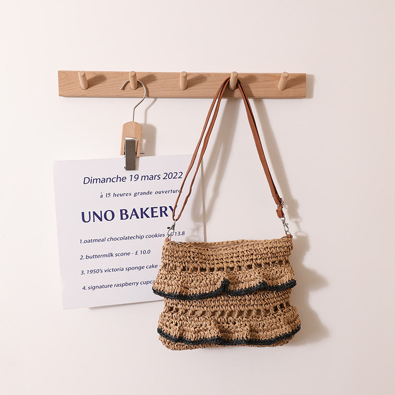 Crossbody Lace Straw Bag Ruffled Summer Color Straw Bag Woven Bag Seaside Beach Vacation Bag One Size Grass Skirt Black