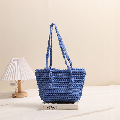 Tassel Shoulder Cotton Thread Woven Bag Solid Color Straw Bag Vacation Beach Bag Casual Women Bag One Size Bean Bag Tassel Blue
