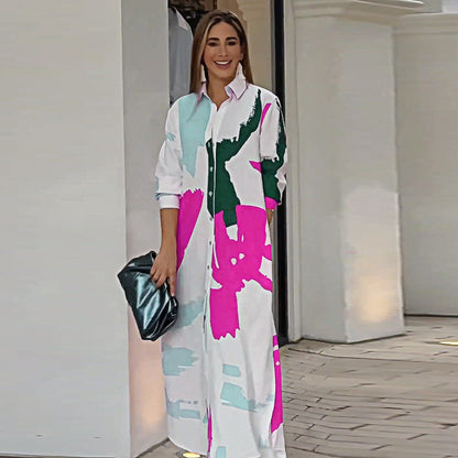 Autumn Printed Shirt Collar Loose Waist Dress Women Rose Red on White Background