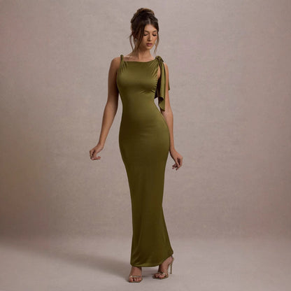 Women Wear Summer Single Shoulder Ribbon Solid Color Dress Olive
