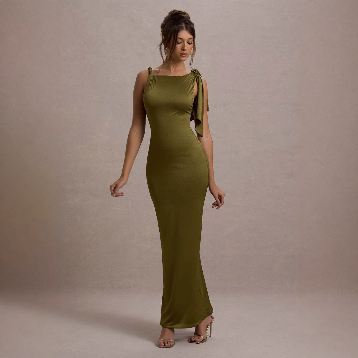 Women Wear Summer Single Shoulder Ribbon Solid Color Dress Olive