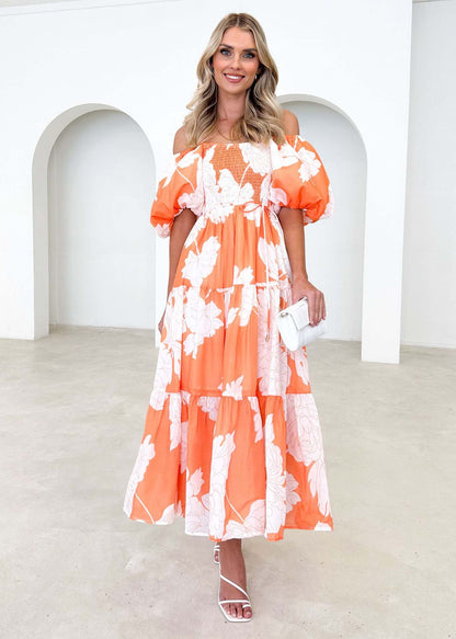 Women Clothing Elegant Floral Print off Shoulder Puff Sleeve Dress Women Orange White Printing