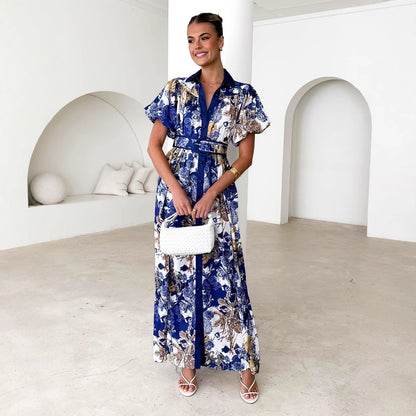 Stand Collar Ruffle Top High Waist Three Dimensional Mid Length Women Navy Blue