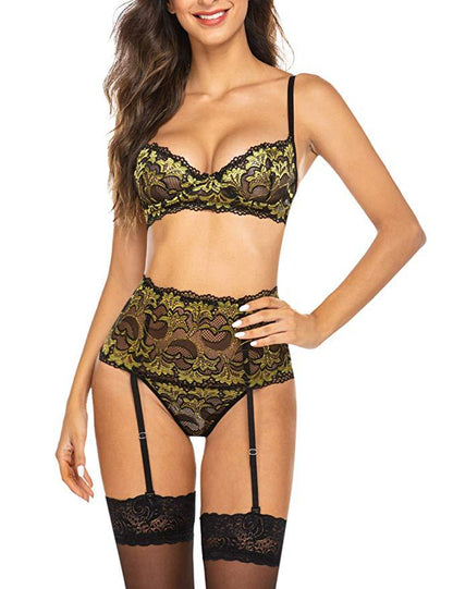 Supply Sexy Lingerie Sexy Sleepwear Factory Double-Color Lace Lingerie Set Yellow