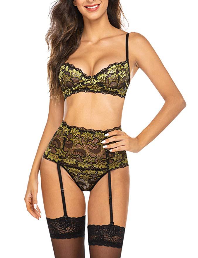 Supply Sexy Lingerie Sexy Sleepwear Factory Double-Color Lace Lingerie Set Yellow