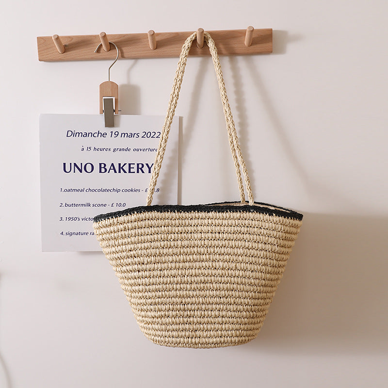 Black Edge Straw Bag Contrast Color Portable Straw Bag Woven Bag Seaside Vacation Beach Bag Women Bag One Size Black Edge Rice