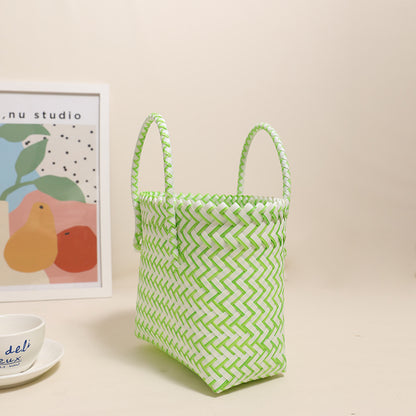 Cute Portable Plastic Woven Bag Fresh Square Straw Bag Vacation Beach Bag All Match Vegetable Basket Bag