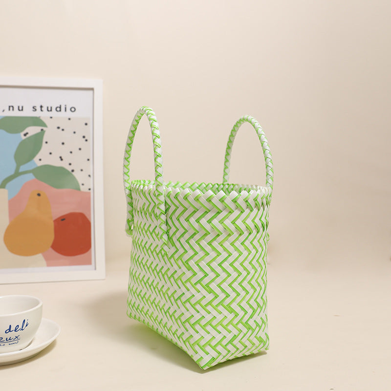 Cute Portable Plastic Woven Bag Fresh Square Straw Bag Vacation Beach Bag All Match Vegetable Basket Bag