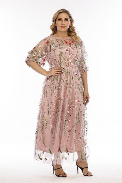 Plus Size French Hepburn Dress Women Mesh Embroidered Banquet Party Maxi Dress Pink
