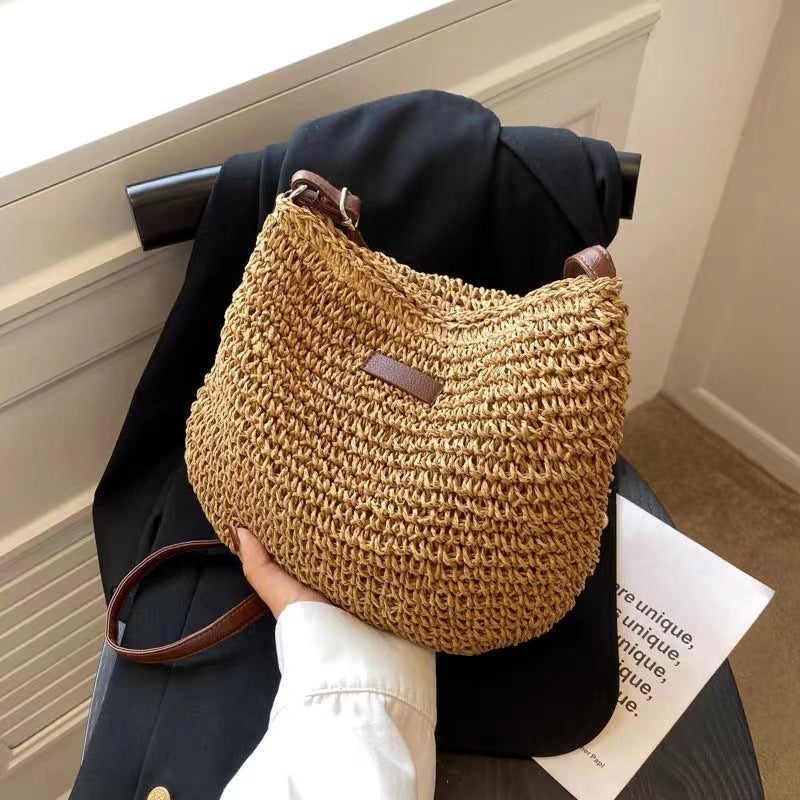 Crossbody Straw Bag Simple Shoulder Straw Bag Woven Bag Vacation Beach Bag All Match Women Bag One Size Coffee