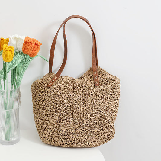 Retro Straw Bag Portable Large Capacity Shoulder Woven Bag Vacation Beach Bag Women Bag One Size Straw Leaf Coffee