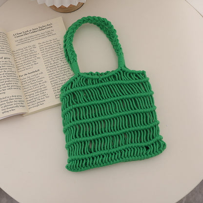 Fresh Hollow Out Cutout Cotton Thread Woven Bag Summer Idle Mesh Straw Bag Women Bag Seaside Vacation Beach Bag One Size Small Wave Green