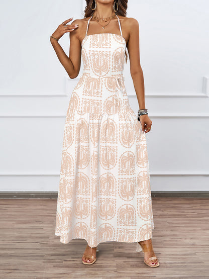 Women Floral Halter Beach Hawaii Holiday Dress Brown Pattern