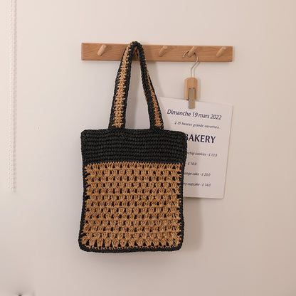 Color Matching Hollow Out Cutout out Crochet Shoulder Straw Bag Special Interest Design Hand Woven Bag Seaside Vacation Beach Bag One Size Color Matching Hollow out Crochet Black Coffee