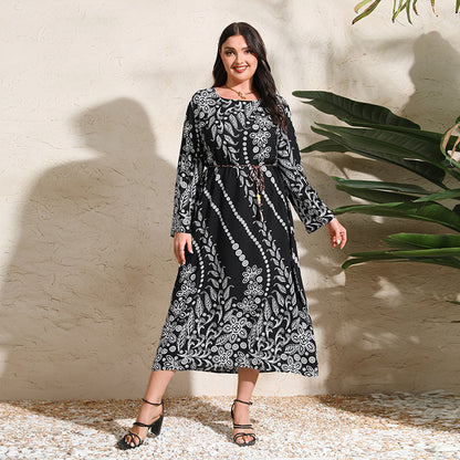 Plus Size Ethnic Loose Maxi Dress Cashew Printed Long Sleeve Dress Wave Black