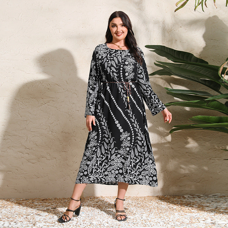 Plus Size Ethnic Loose Maxi Dress Cashew Printed Long Sleeve Dress Wave Black