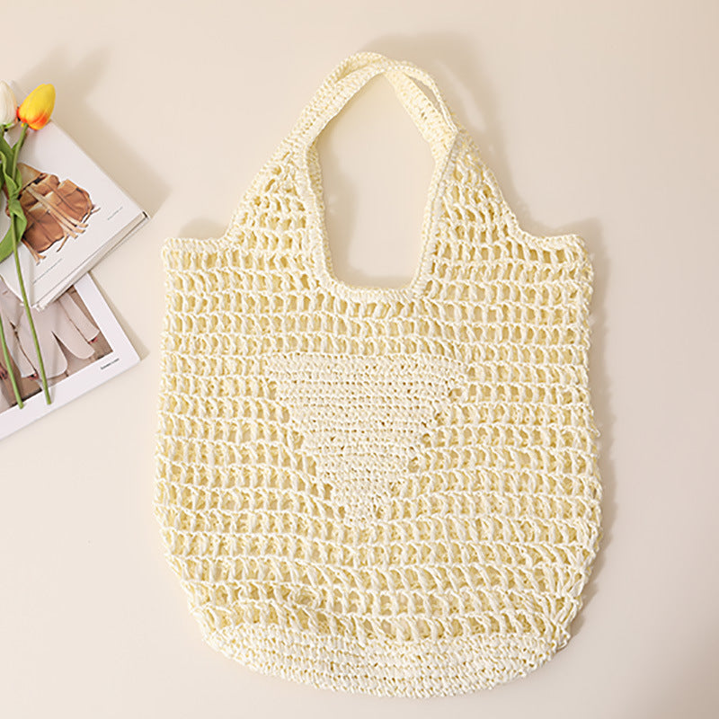 Large Capacity Hollow Out Cutout Straw Bag Fresh Candy Color One Shoulder Tote Woven Bag Portable Women Beach Bag One Size White