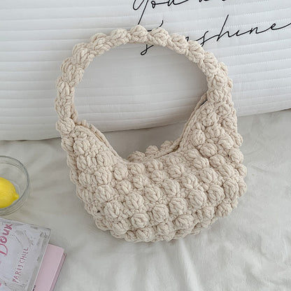 Cute Portable Beanie Straw Bag Handmade Crocheted Solid Color Hand Carrying Woven Bag Women Seaside Vacation Beach Bag One Size Colorful Beanie Rice
