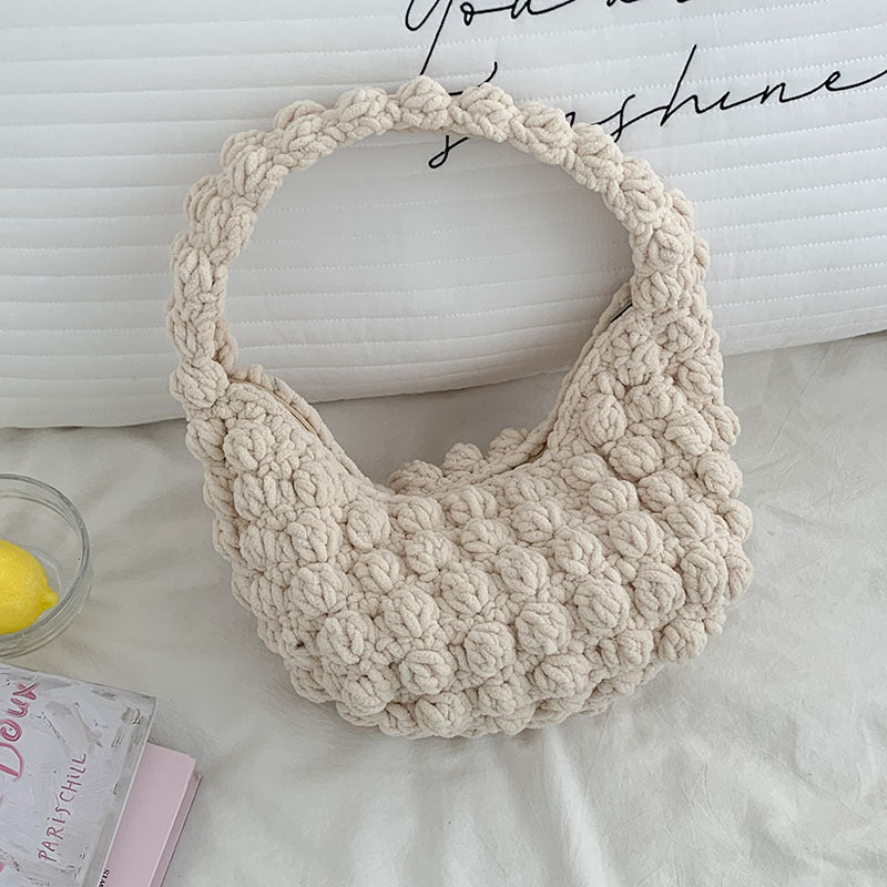 Cute Portable Beanie Straw Bag Handmade Crocheted Solid Color Hand Carrying Woven Bag Women Seaside Vacation Beach Bag One Size Colorful Beanie Rice