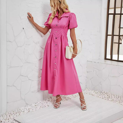 Summer Solid Color Elegant Slim High Waist Tight Waist Button Mid Length Dress Women