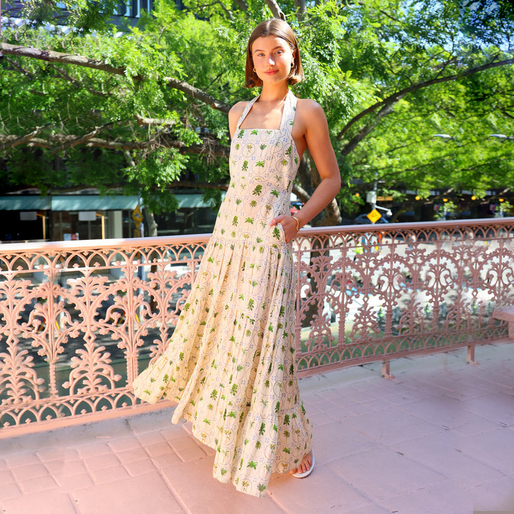 Sweet Printed Sleeveless Halter Dress Women Sexy Big Backless A line Dress Multi1