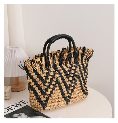 Color Matching Loose Edge Straw Bag Loose Edge Portable Color Matching Woven Bag Seaside Vacation Beach Bag Women Bag One Size Loose Edge Wave Pattern Black