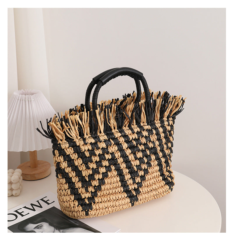 Color Matching Loose Edge Straw Bag Loose Edge Portable Color Matching Woven Bag Seaside Vacation Beach Bag Women Bag One Size Loose Edge Wave Pattern Black