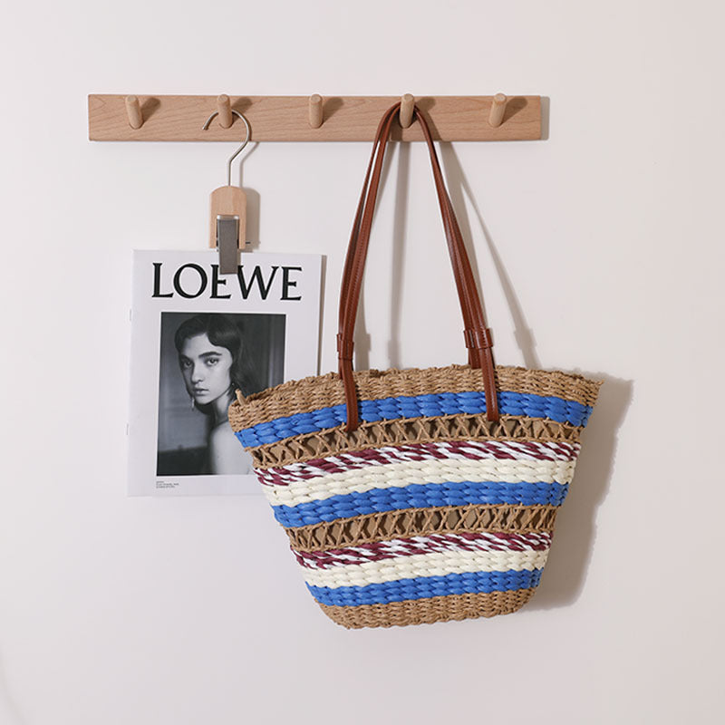 Hollow Out Cutout Straw Bag Vintage Stripe Portable Straw Bag Woven Bag Seaside Vacation Beach Bag Shoulder Bag One Size Striped Color Matching Hollow out Blue without Lining