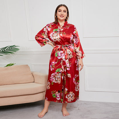 Plus Size Women Artificial Silk Satin Long Sleeved Pajamas Plump Girls Wearable Home