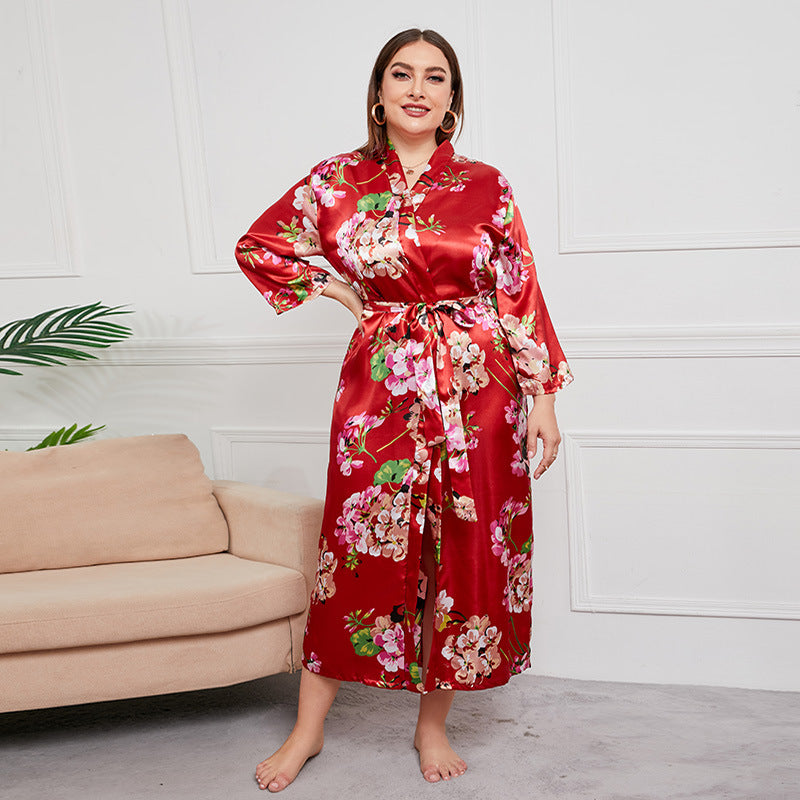 Plus Size Women Artificial Silk Satin Long Sleeved Pajamas Plump Girls Wearable Home Red