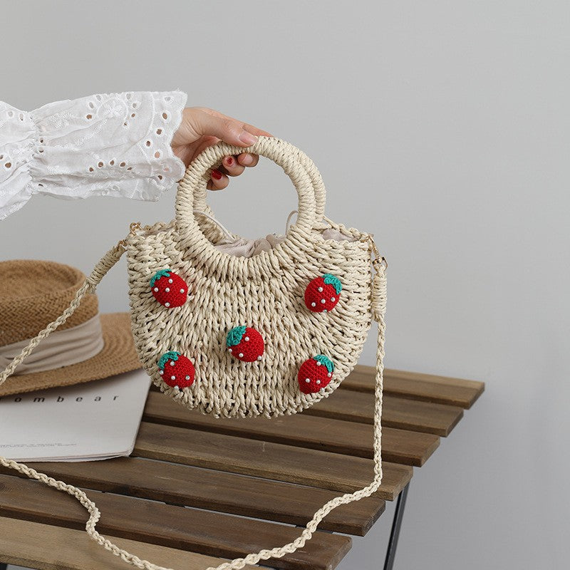 Cute Cherry Fresh Straw Bag Woven Tote Strawberry Cross Body Bag Vacation Beach Bag One Size Strawberry Mini Size