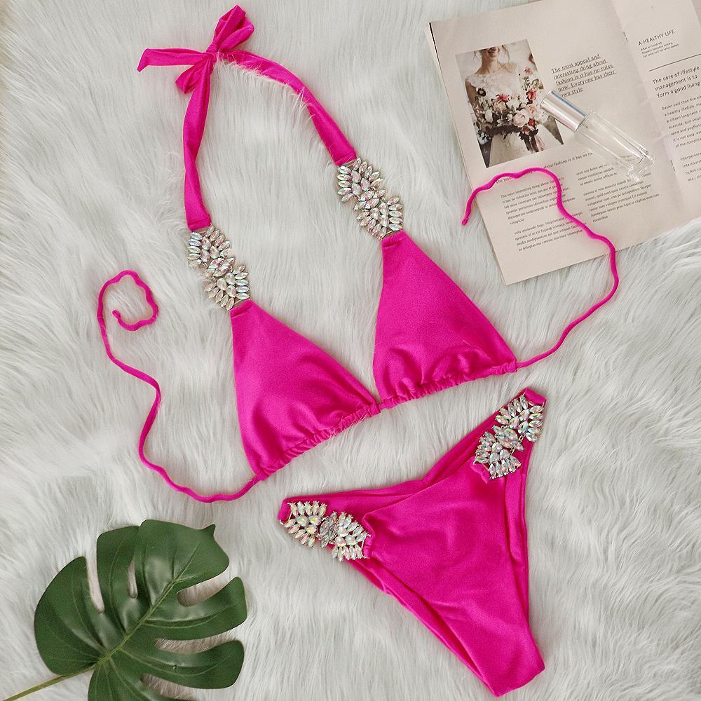 Swimsuit Sexy Solid Color Metal Diamond Bikini Bandage Split Swimsuit Coral Red