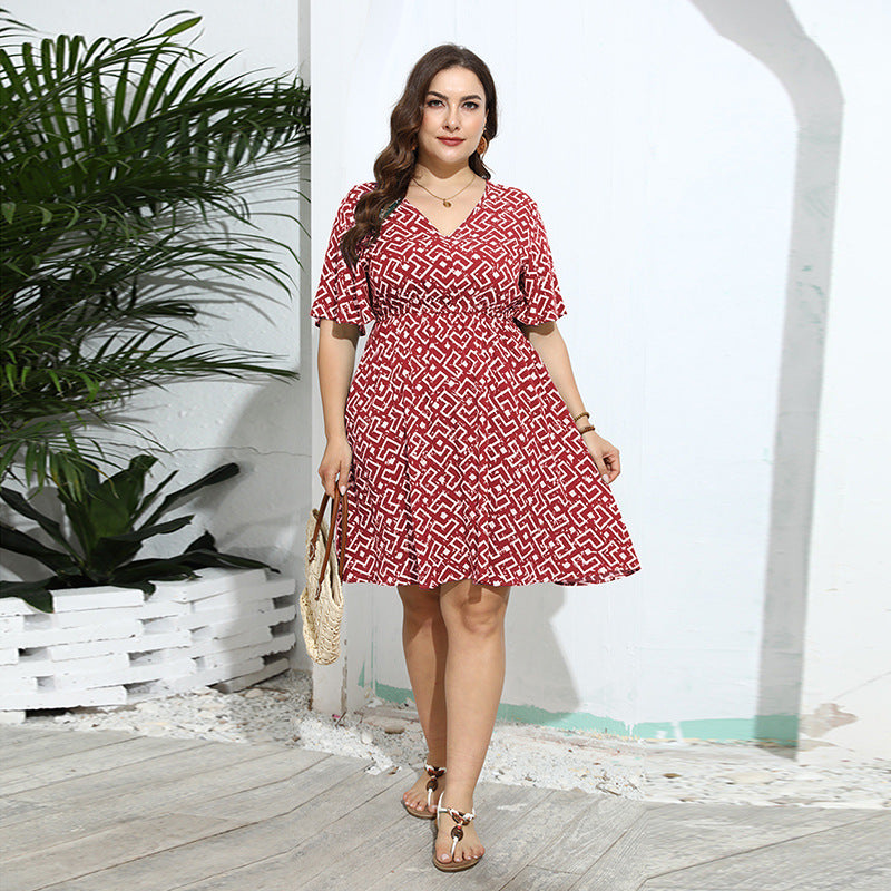 Plus Size Casual V Neck Loose Printed Short Sleeve Dress Geometric Red