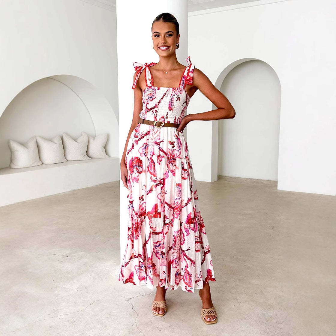 Spring Summer Floral Printed Sling Smocking Elastic Waist Knotted Shoulder Strap Large Swing Dress Long Multi
