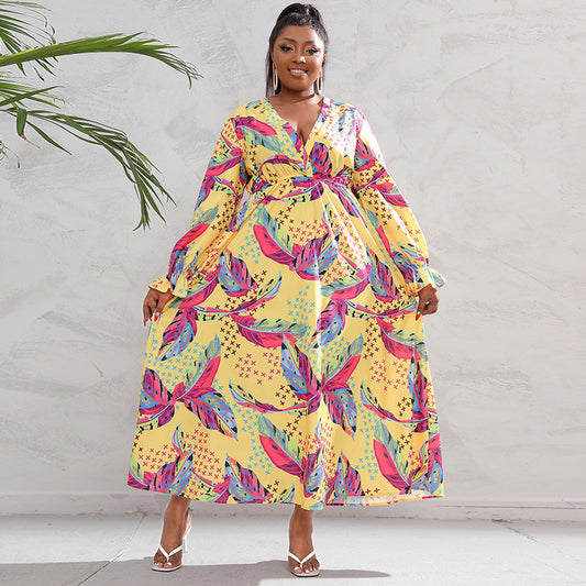 Plus Size Women Clothing Dress Long Sleeve Large Swing Dress