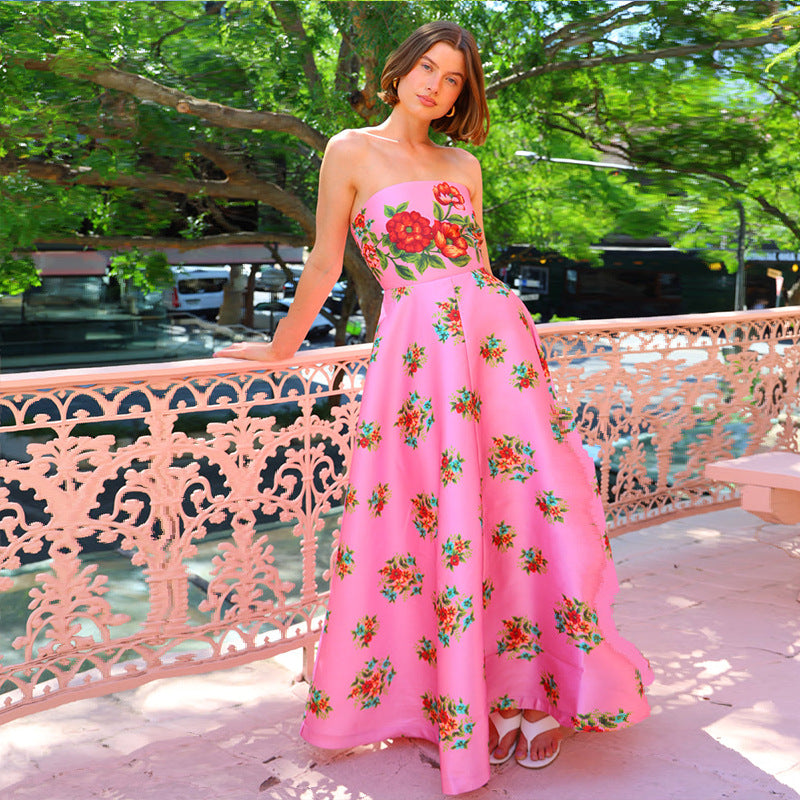 Satin Evening Dress - Strapless High Waist Floral Print Tube Top Dress Pink Background with Red Flower