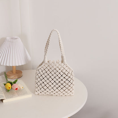 Hollow Out Cutout Cotton Thread Woven Bag Summer Cotton String Women Bag Portable Solid Color Straw Bag Vacation Beach Bag One Size Oblique Small Cotton Thread White