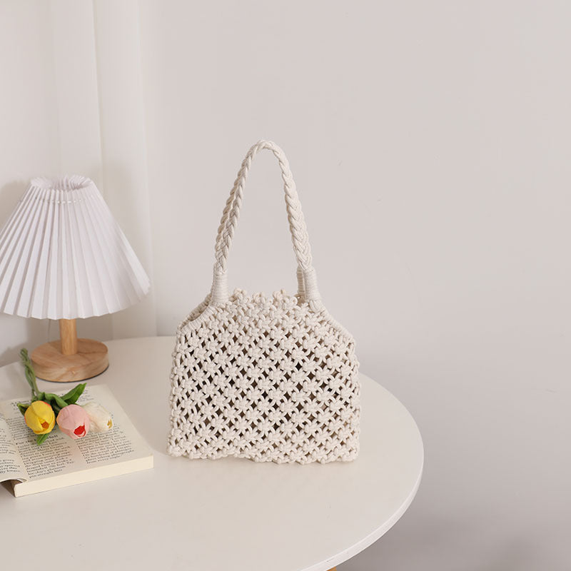 Hollow Out Cutout Cotton Thread Woven Bag Summer Cotton String Women Bag Portable Solid Color Straw Bag Vacation Beach Bag One Size Oblique Small Cotton Thread White