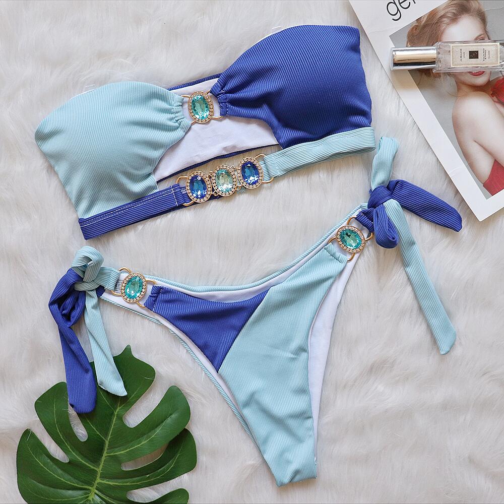 Sexy Crystal Diamond Bikini Removable Chest Pad Swimsuit Stitching Tube Top Strap Split Swimsuit Blue