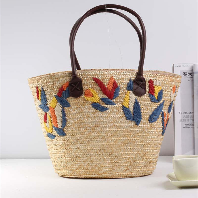 Fresh Embroidered Straw Bag Casual Bag Woven Bag Women Bag Shoulder Portable Seaside Vacation Beach Bag