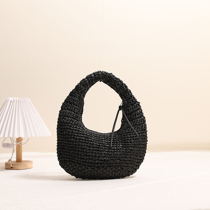 Solid Color Hand Carrying Straw Bag Niche Tassel Hand Carrying Straw Bag Woven Bag Women Seaside Vacation Beach Bag One Size Moon Tassel Black