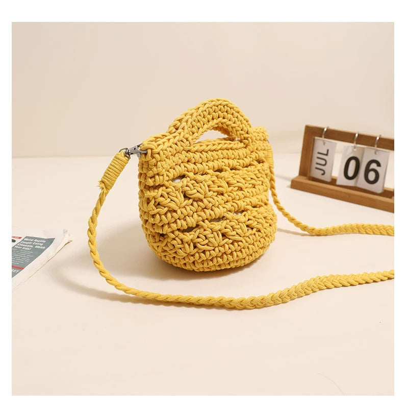 Crossbody Cotton Thread Woven Bag All Matching Hollow Out Cutout Straw Bag Vacation Beach Bag Partysu Women Bag One Size Colored Crossbody Cotton Thread Yellow without Lining