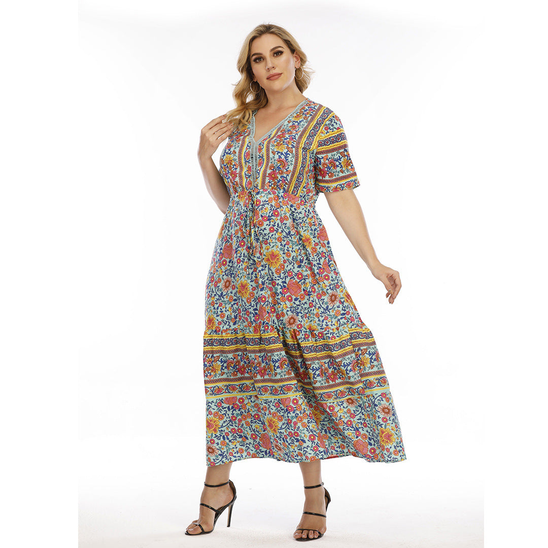 Plus Size Bohemian Dress Wearable Lace Patchwork Maxi Dress