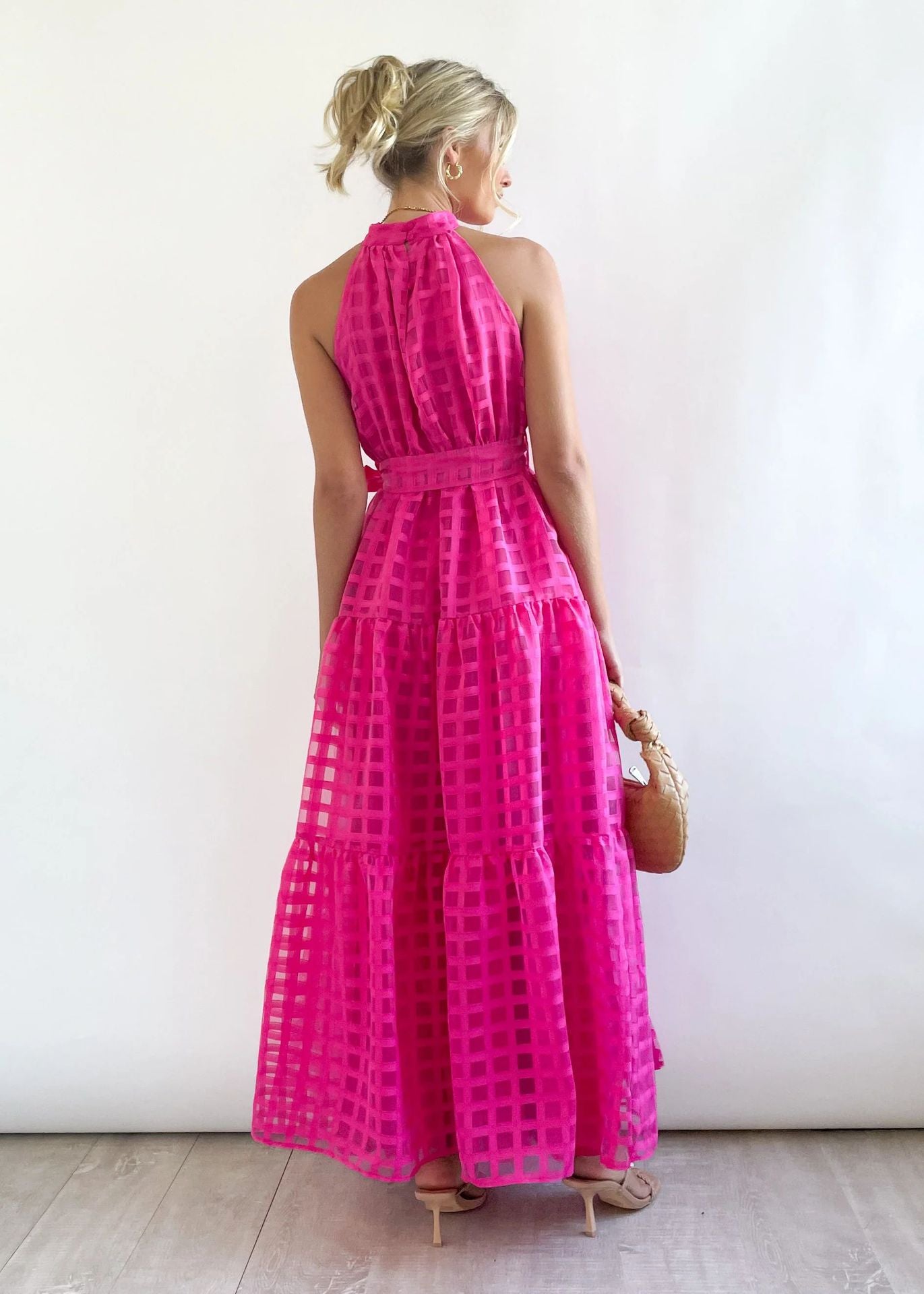 Spring Summer Stand Collar Solid Color Plaid Retro Maxi Dress Casual Dress for Women