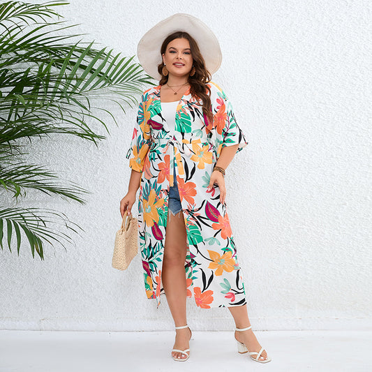 Plus Size Casual Vacation Sun Protection Clothing Bohemian Loose Printed Beach Shawl Orange