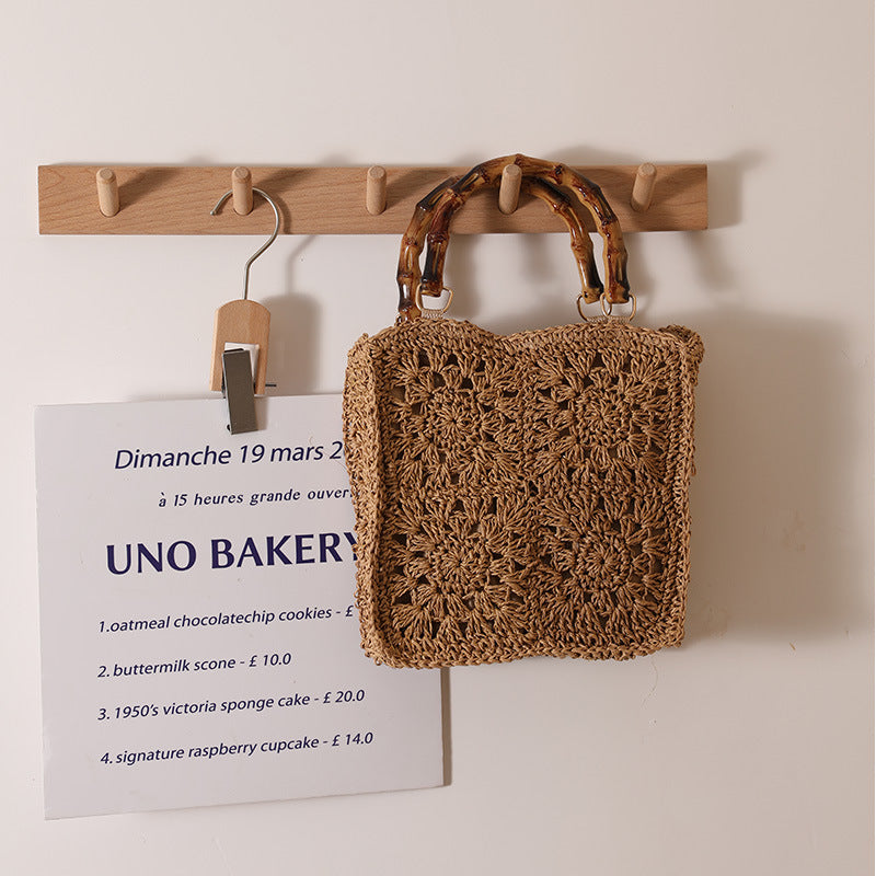 Bamboo Handle Straw Bag Paper String Square Crocheted Women Bag Fresh Casual Woven Bag Beach Bag One Size Coffee