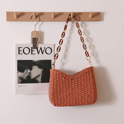 Fresh Purple Straw Bag Woven Bag Women Bag Shoulder Solid Color Straw Bag Seaside Vacation Beach Bag One Size New Year Crescent Red