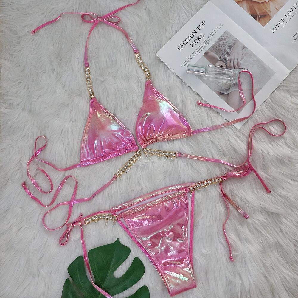Crystal Diamond Bikini Sexy Bronzing Strap Women Split Swimsuit Swimsuit Pink